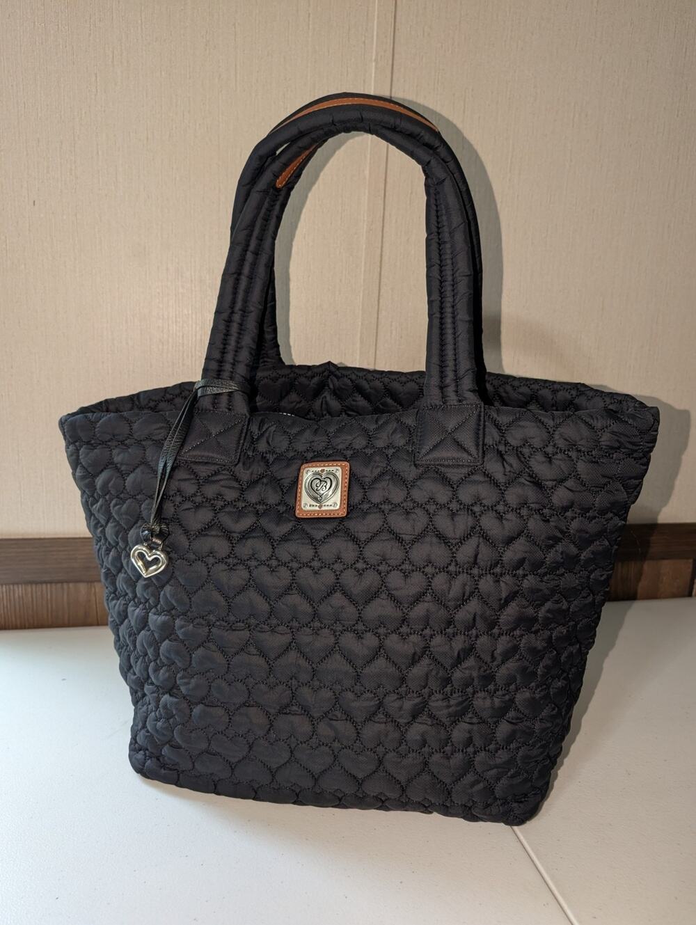 Brighton Karter Large Black Quilted Heart Puffer Tote Bag Travel Pouch Set Charm